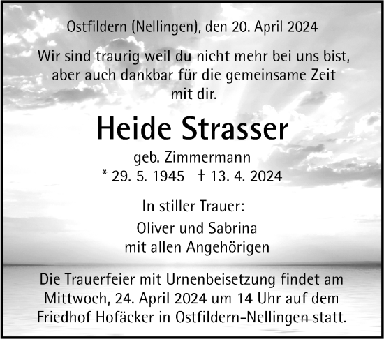 Traueranzeige von Heide Strasser von Eßlinger Zeitung/Cannstatter Zeitung