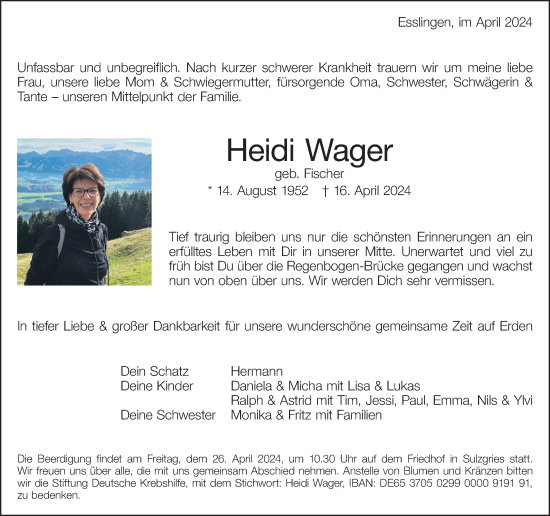 Traueranzeige von Heidi Wager von Eßlinger Zeitung/Cannstatter Zeitung