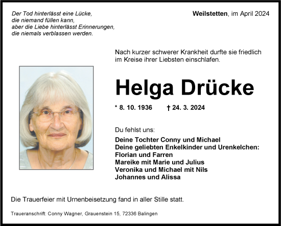 Traueranzeige von Helga Drücke von Eßlinger Zeitung/Cannstatter Zeitung