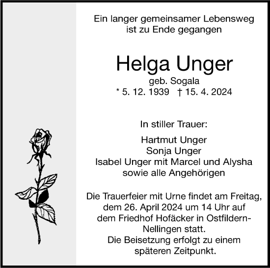 Traueranzeige von Helga Unger von Eßlinger Zeitung/Cannstatter Zeitung