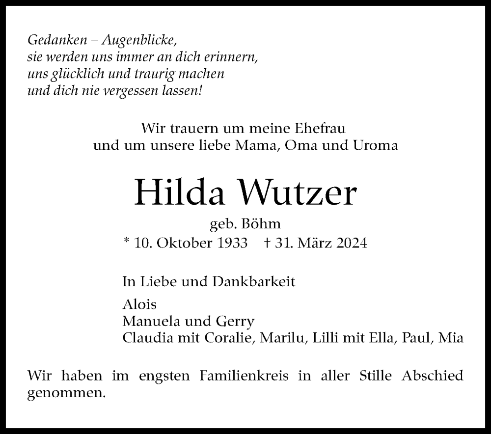  Traueranzeige für Hilda Wutzer vom 20.04.2024 aus Eßlinger Zeitung/Cannstatter Zeitung