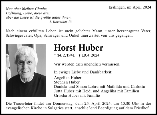 Traueranzeige von Horst Huber von Eßlinger Zeitung/Cannstatter Zeitung