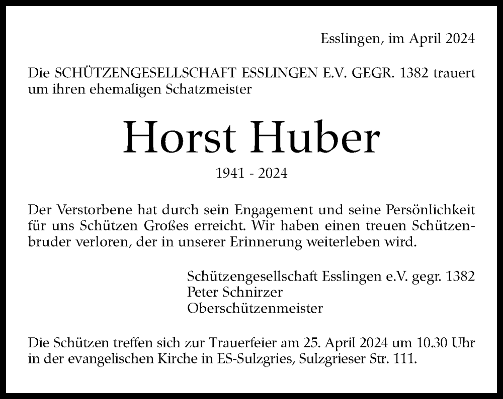  Traueranzeige für Horst Huber vom 24.04.2024 aus Eßlinger Zeitung/Cannstatter Zeitung
