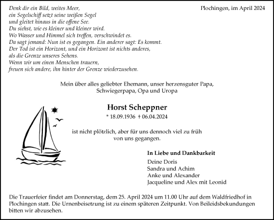 Traueranzeige von Horst Scheppner von Eßlinger Zeitung/Cannstatter Zeitung