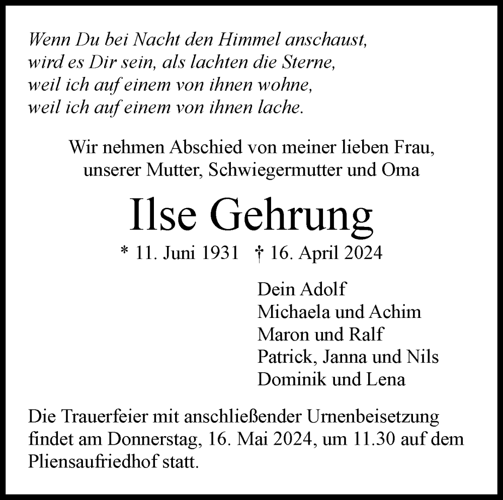  Traueranzeige für Ilse Gehrung vom 20.04.2024 aus Eßlinger Zeitung/Cannstatter Zeitung