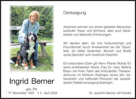 Traueranzeige von Ingrid Berner von Eßlinger Zeitung/Cannstatter Zeitung