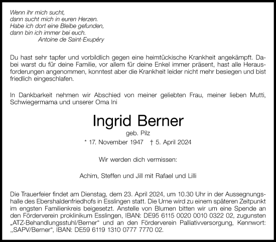 Traueranzeige von Ingrid Berner von Eßlinger Zeitung/Cannstatter Zeitung