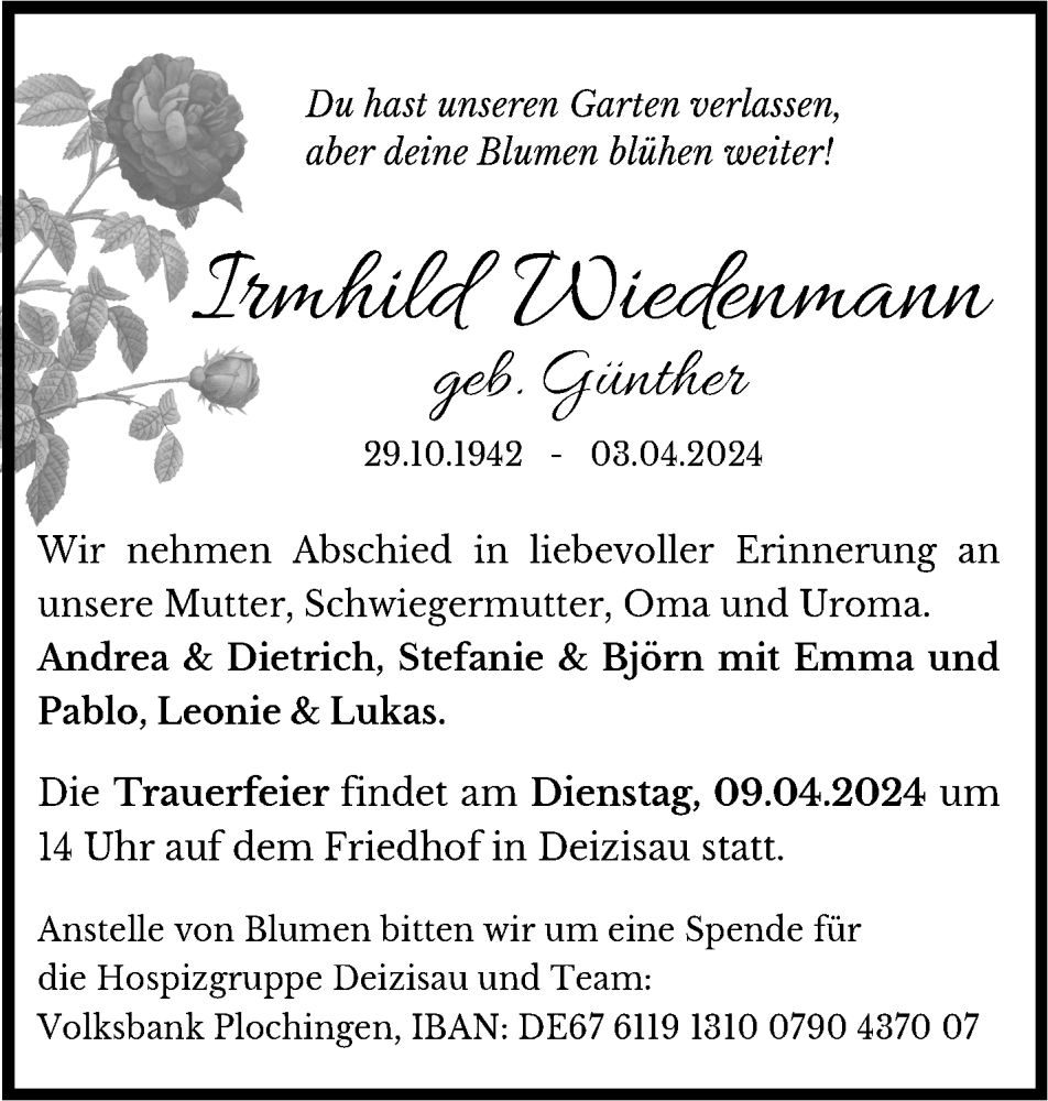  Traueranzeige für Irmhild Wiedenmann vom 06.04.2024 aus Eßlinger Zeitung/Cannstatter Zeitung