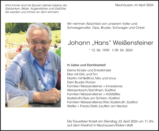 Traueranzeige von Johann Weißensteiner von Eßlinger Zeitung/Cannstatter Zeitung