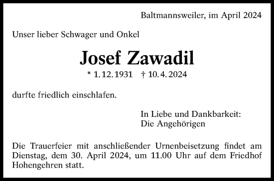Traueranzeige von Josef Zawadil von Eßlinger Zeitung/Cannstatter Zeitung