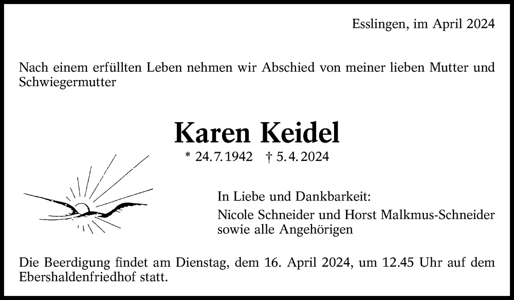  Traueranzeige für Karen Keidel vom 10.04.2024 aus Eßlinger Zeitung/Cannstatter Zeitung