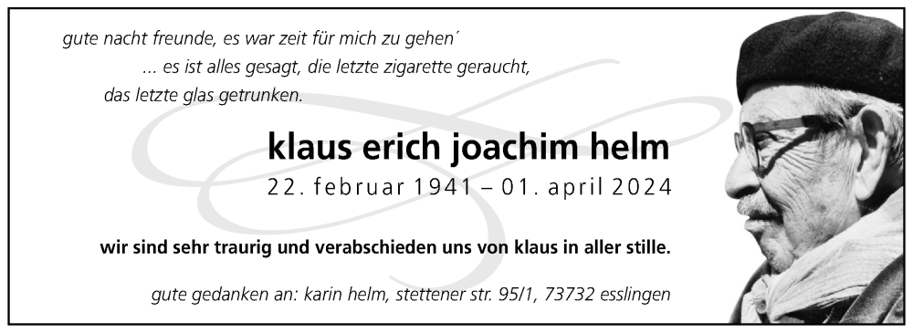  Traueranzeige für Klaus Erich Joachim Helm vom 13.04.2024 aus Eßlinger Zeitung/Cannstatter Zeitung