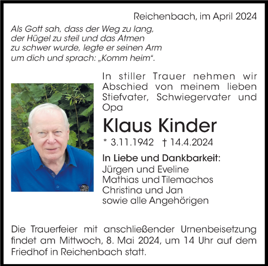Traueranzeige von Klaus Kinder von Eßlinger Zeitung/Cannstatter Zeitung