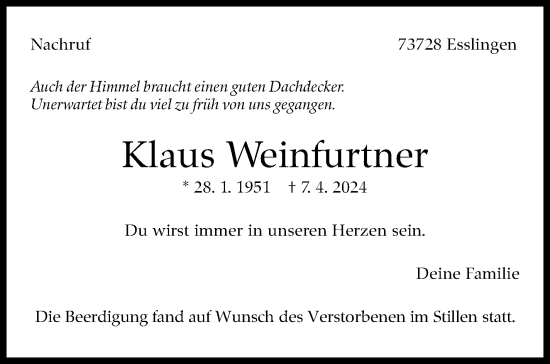 Traueranzeige von Klaus Weinfurtner von Eßlinger Zeitung/Cannstatter Zeitung