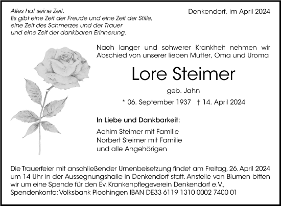 Traueranzeige von Lore Steimer von Eßlinger Zeitung/Cannstatter Zeitung