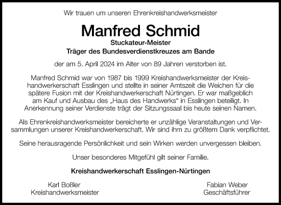 Traueranzeige von Manfred Schmid von Eßlinger Zeitung/Cannstatter Zeitung