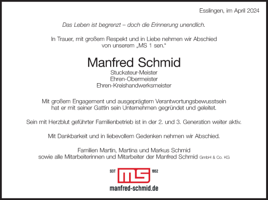 Traueranzeige von Manfred Schmid von Eßlinger Zeitung/Cannstatter Zeitung
