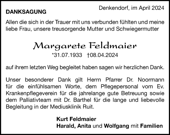 Traueranzeige von Margarete Feldmaier von Eßlinger Zeitung/Cannstatter Zeitung