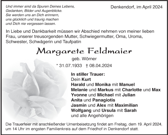 Traueranzeige von Margarete Feldmaier von Eßlinger Zeitung/Cannstatter Zeitung