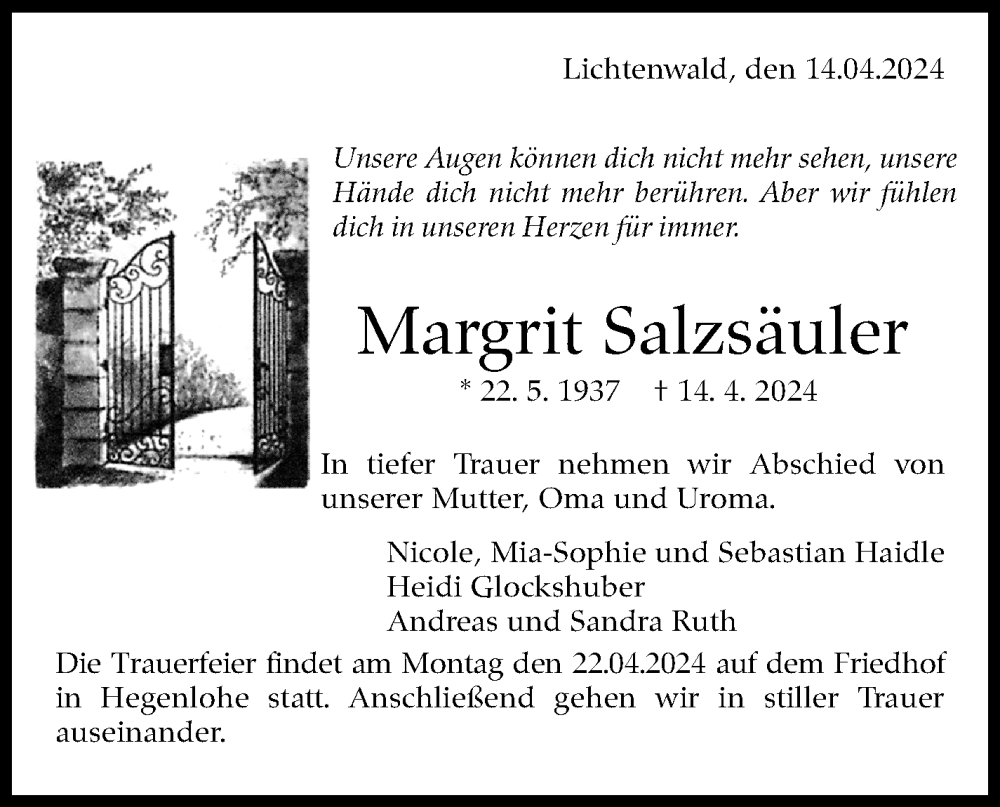  Traueranzeige für Margrit Salzsäuler vom 22.04.2024 aus Eßlinger Zeitung/Cannstatter Zeitung