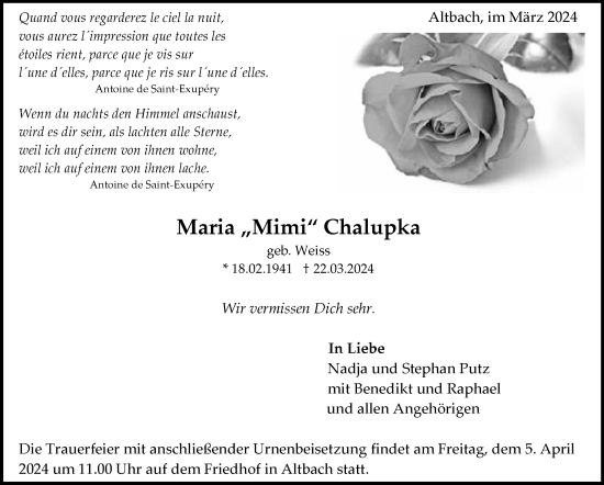 Traueranzeige von Maria Chalupka von Eßlinger Zeitung/Cannstatter Zeitung