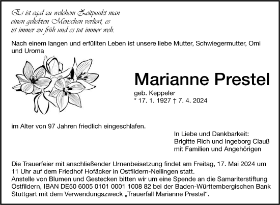 Traueranzeige von Marianne Prestel von Eßlinger Zeitung/Cannstatter Zeitung