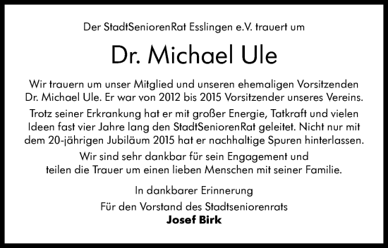 Traueranzeige von Michael Ule von Eßlinger Zeitung/Cannstatter Zeitung