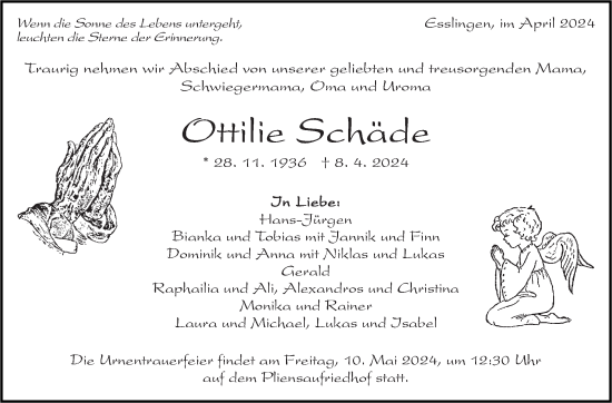 Traueranzeige von Ottilie Schäde von Eßlinger Zeitung/Cannstatter Zeitung