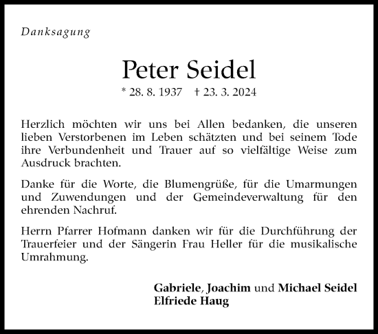 Traueranzeige von Peter Seidel von Eßlinger Zeitung/Cannstatter Zeitung