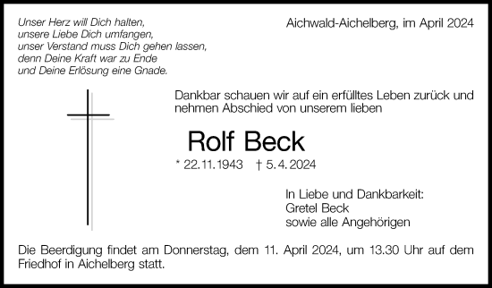 Traueranzeige von Rolf Beck von Eßlinger Zeitung/Cannstatter Zeitung
