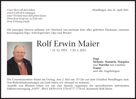Traueranzeige von Rolf Erwin Maier von Eßlinger Zeitung/Cannstatter Zeitung