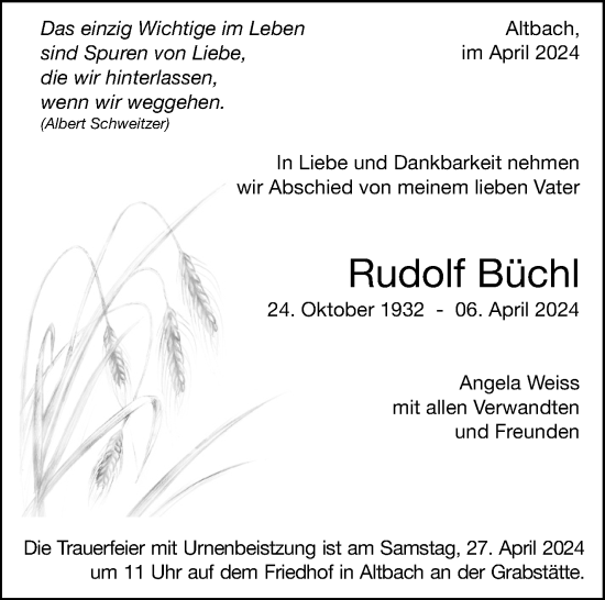 Traueranzeige von Rudolf Büchl von Eßlinger Zeitung/Cannstatter Zeitung