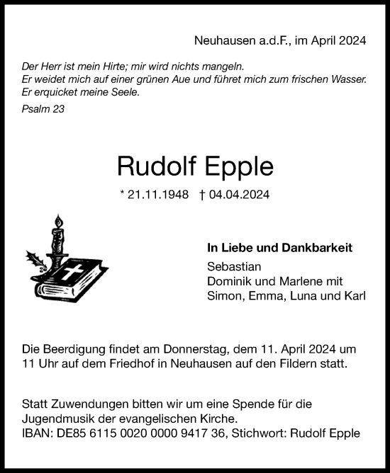 Traueranzeige von Rudolf Epple von Eßlinger Zeitung/Cannstatter Zeitung