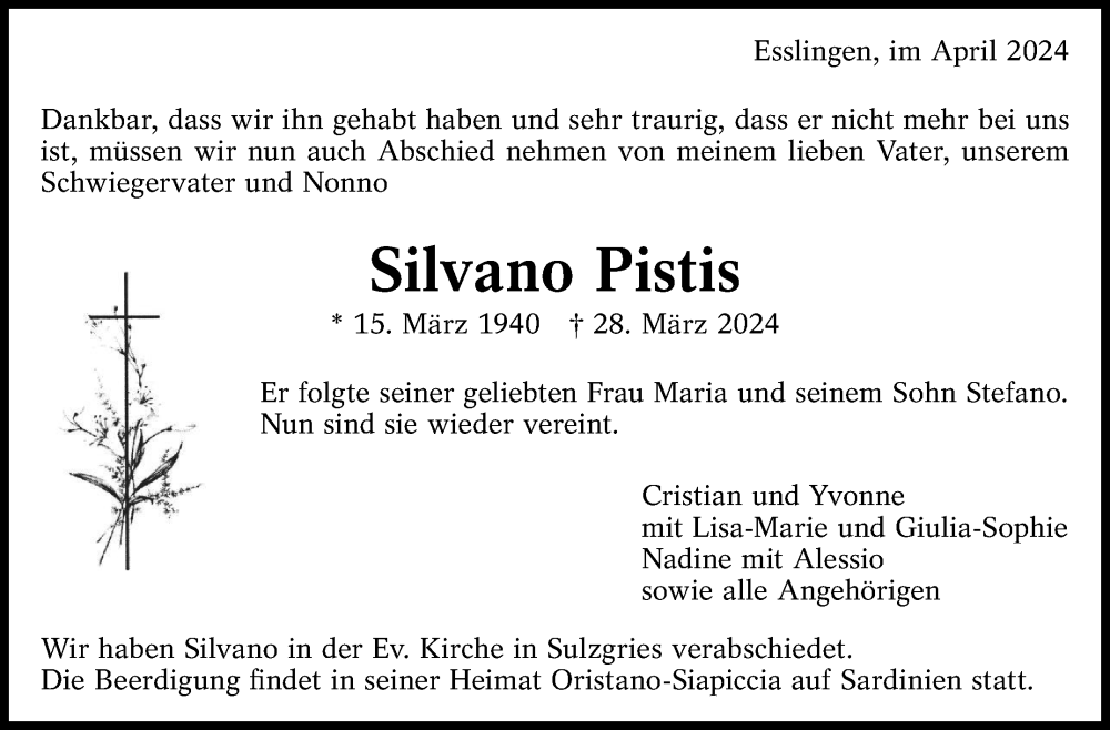  Traueranzeige für Silvano Pistis vom 04.04.2024 aus Eßlinger Zeitung/Cannstatter Zeitung