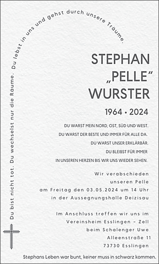 Traueranzeige von Stephan Wurster von Eßlinger Zeitung/Cannstatter Zeitung