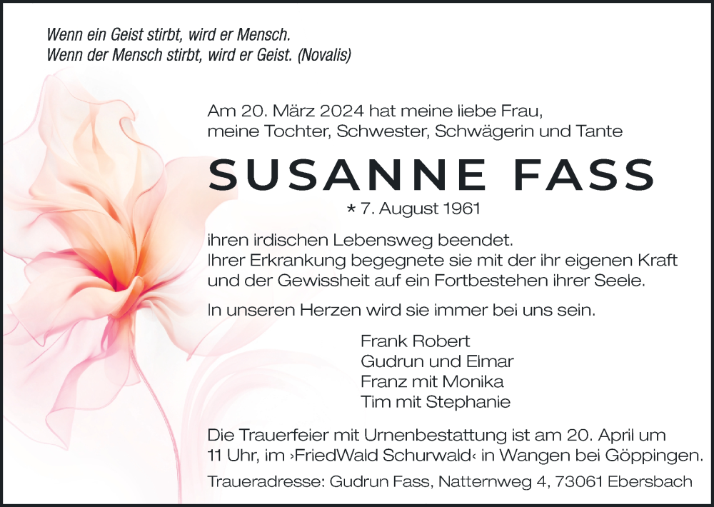  Traueranzeige für Susanne Fass vom 13.04.2024 aus Eßlinger Zeitung/Cannstatter Zeitung