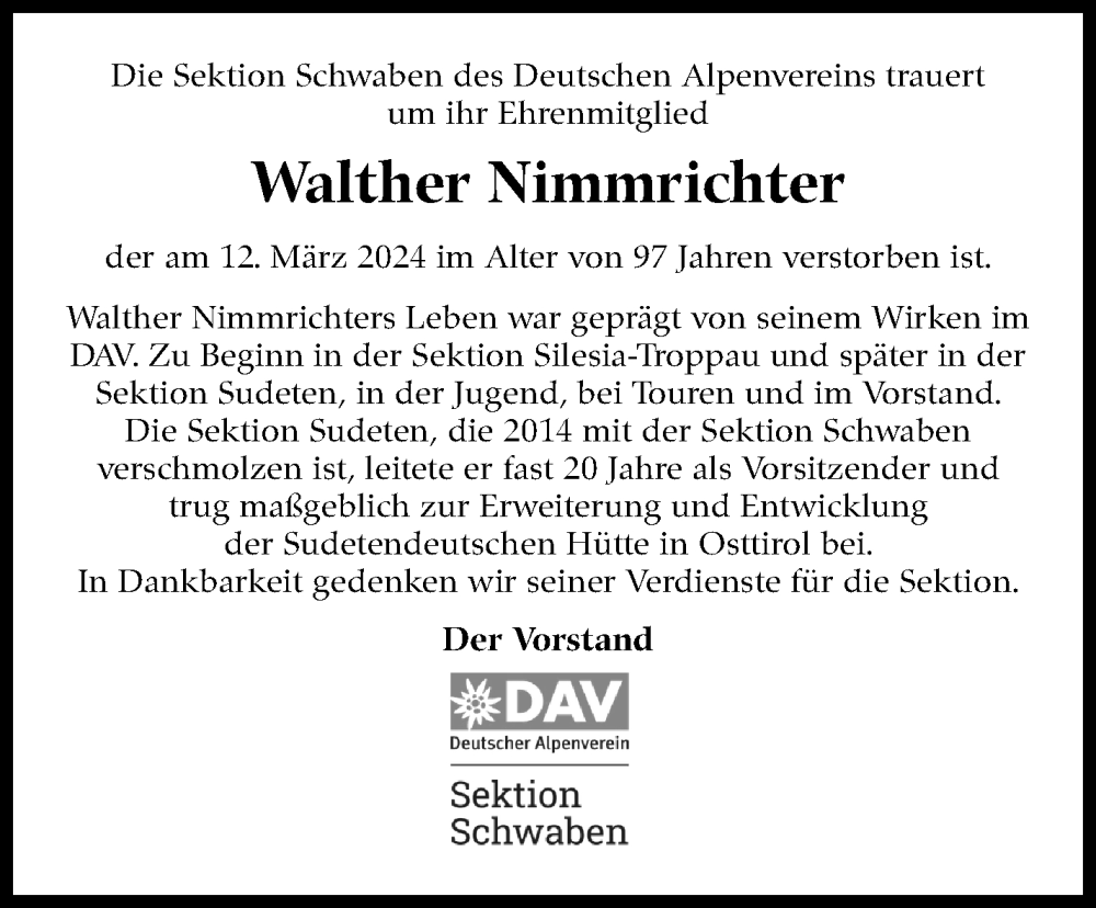  Traueranzeige für Walther Nimmrichter vom 13.04.2024 aus Eßlinger Zeitung/Cannstatter Zeitung