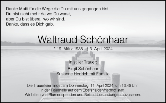 Traueranzeige von Waltraud Schönhaar von Eßlinger Zeitung/Cannstatter Zeitung