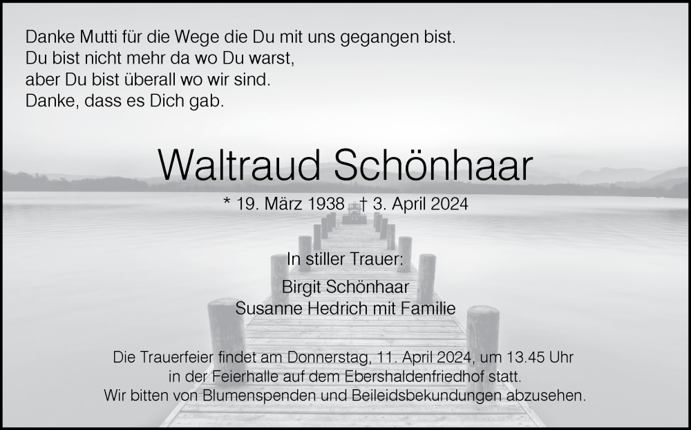  Traueranzeige für Waltraud Schönhaar vom 09.04.2024 aus Eßlinger Zeitung/Cannstatter Zeitung