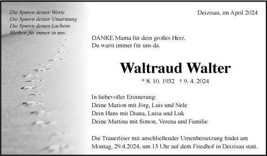 Traueranzeige von Waltraud Walter von Eßlinger Zeitung/Cannstatter Zeitung