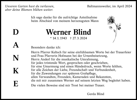 Traueranzeige von Werner Blind von Eßlinger Zeitung/Cannstatter Zeitung