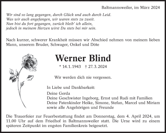 Traueranzeige von Werner Blind von Eßlinger Zeitung/Cannstatter Zeitung