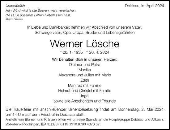 Traueranzeige von Werner Lösche von Eßlinger Zeitung/Cannstatter Zeitung