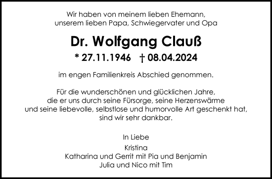 Traueranzeige von Wolfgang Clauß von Eßlinger Zeitung/Cannstatter Zeitung