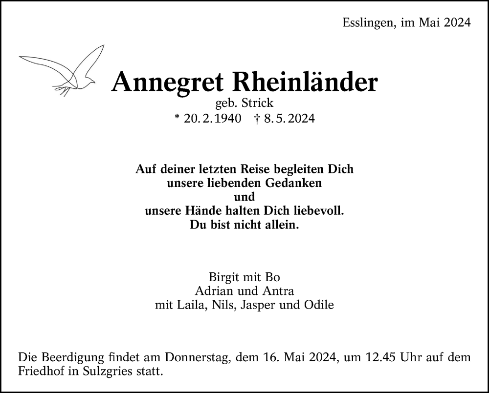  Traueranzeige für Annegret Rheinländer vom 13.05.2024 aus Eßlinger Zeitung/Cannstatter Zeitung
