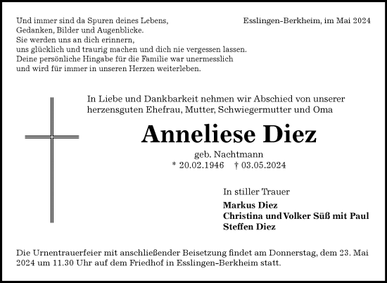 Traueranzeige von Anneliese Diez von Eßlinger Zeitung/Cannstatter Zeitung