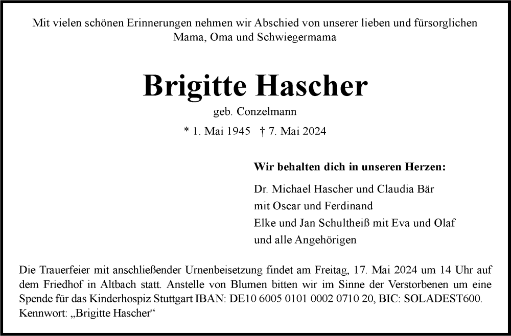  Traueranzeige für Brigitte Hascher vom 14.05.2024 aus Eßlinger Zeitung/Cannstatter Zeitung