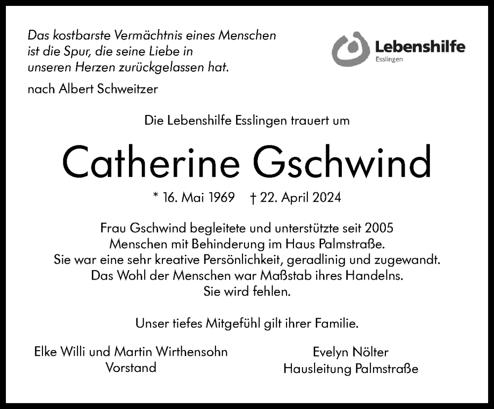  Traueranzeige für Catherine Gschwind vom 04.05.2024 aus Eßlinger Zeitung/Cannstatter Zeitung