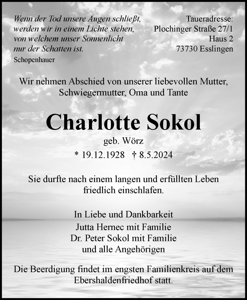  Traueranzeige für Charlotte Sokol vom 18.05.2024 aus Eßlinger Zeitung/Cannstatter Zeitung