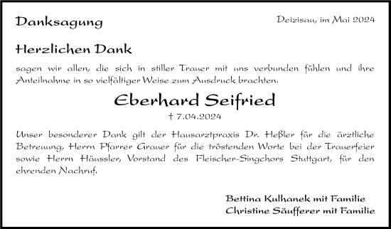 Traueranzeige von Eberhard Seifried von Eßlinger Zeitung/Cannstatter Zeitung